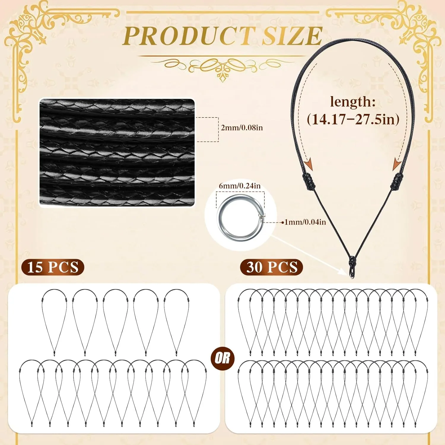 30 PCS Adjustable Rope Necklace Bulk Black Braided Necklace Cord with Metal Ring for Hanging Pendants Double Knotted Necklaces String for Jewelry