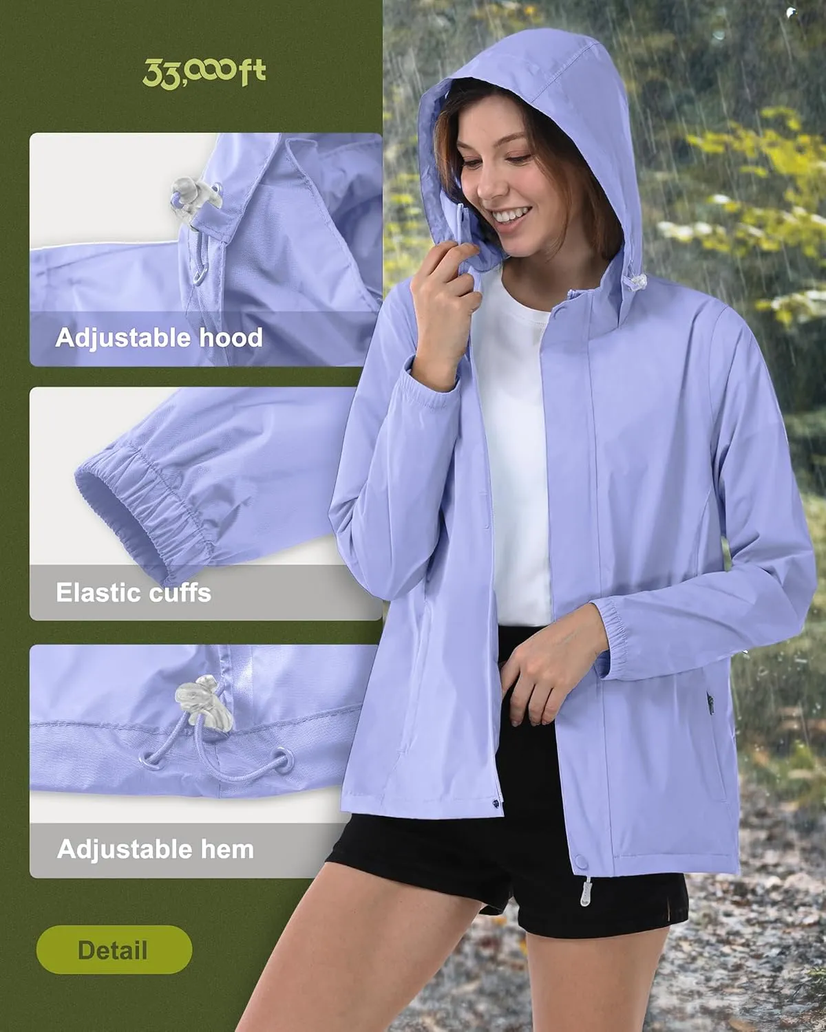 33,000ft Women's Rain Jacket Waterproof Lightweight Packable Raincoat with Hood for Golf Hiking Travel Windbreaker