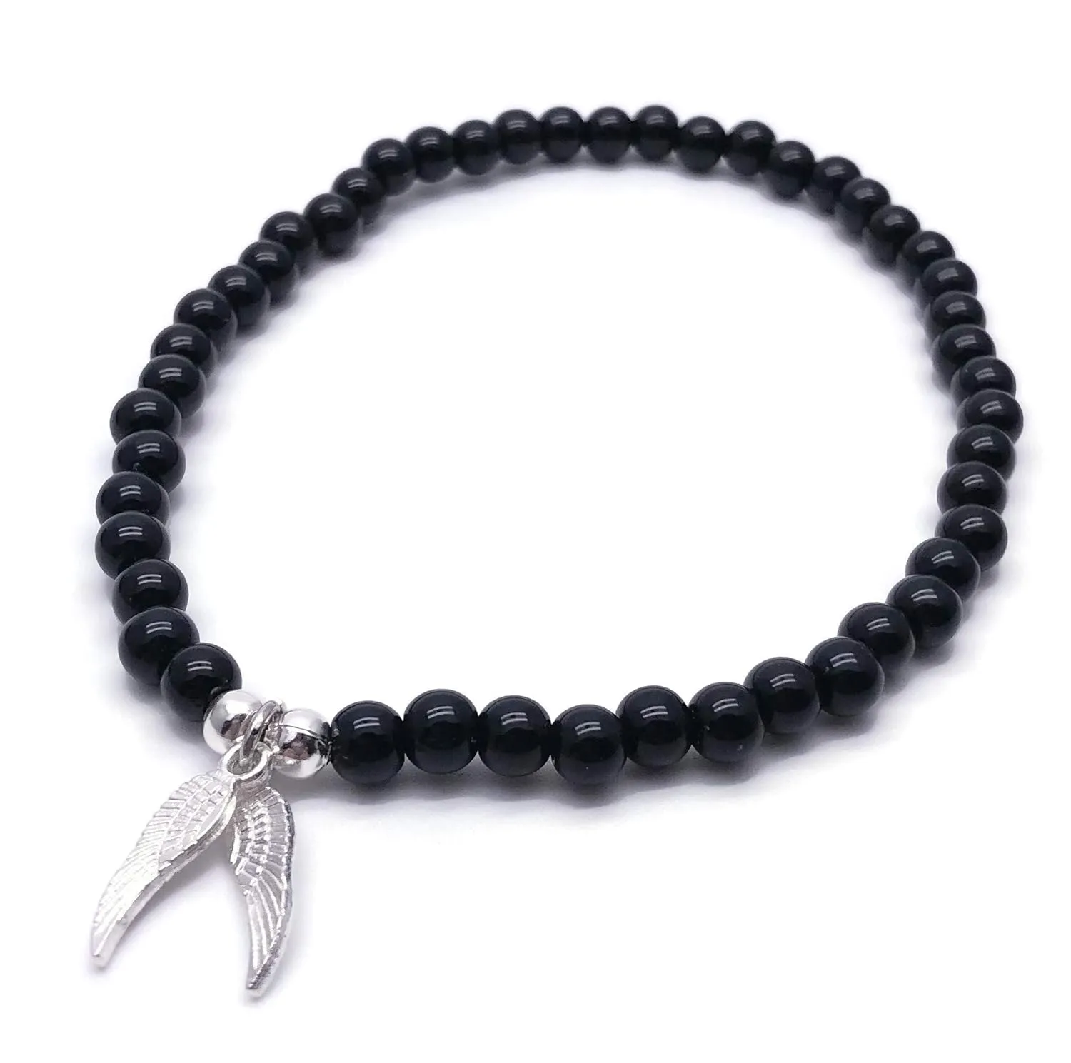 Angel Wings Charm Anklet with 6mm Black Acrylic Beads on Elastic - Size M 10 inches