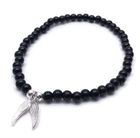 Angel Wings Charm Anklet with 6mm Black Acrylic Beads on Elastic - Size M 10 inches