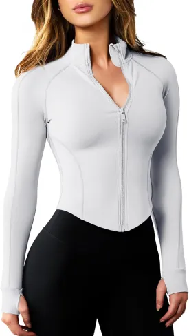 AVGO Women's Workout Jacket Lightweight Zip Up Cropped Yoga Jackets Slim Fit Athletic Tops with Thumb Holes
