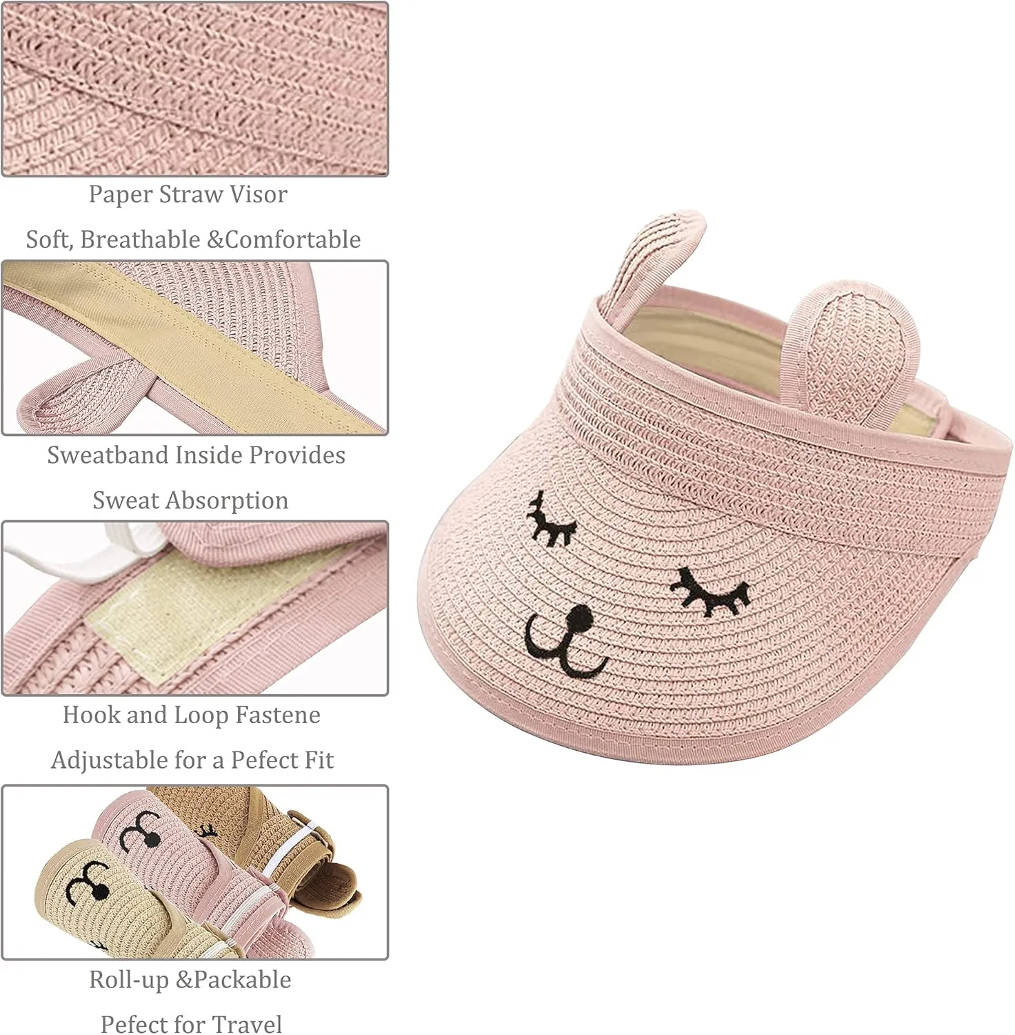 Baby Roll-up Straw Visor Hat Sun Hat, Kid Toddler Wide Brim Cute Bunny Ponytail Summer Beach Sun Hat Adjustable for 1-4 Years