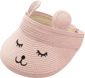 Baby Roll-up Straw Visor Hat Sun Hat, Kid Toddler Wide Brim Cute Bunny Ponytail Summer Beach Sun Hat Adjustable for 1-4 Years