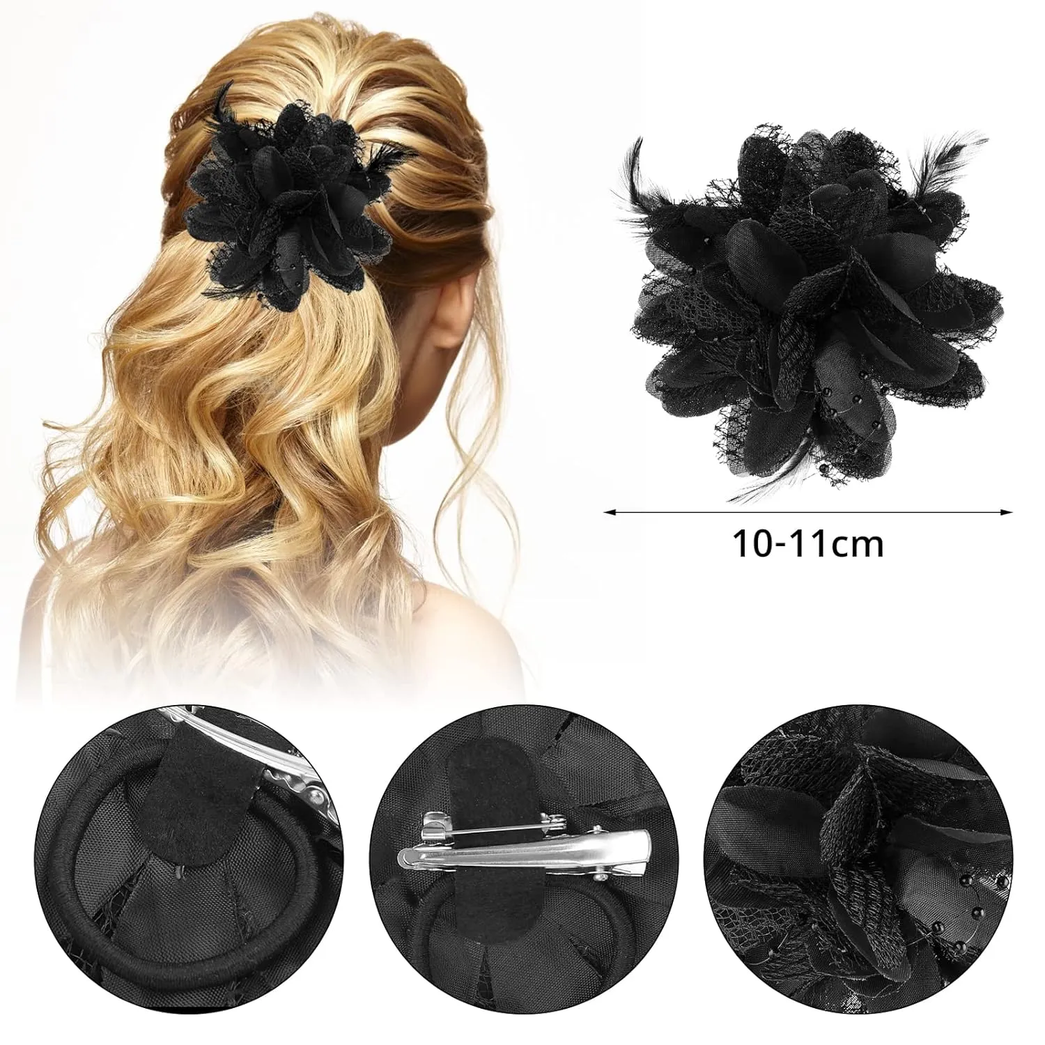 Black Ladies Feather Flower Hair Clip Elegant Hat Flower Mesh Ribbons Brooch Pin Hair Accessory Fascinator Headwear Floral Corsage for Women and Girls Valentine's Day Birthday Wedding Party