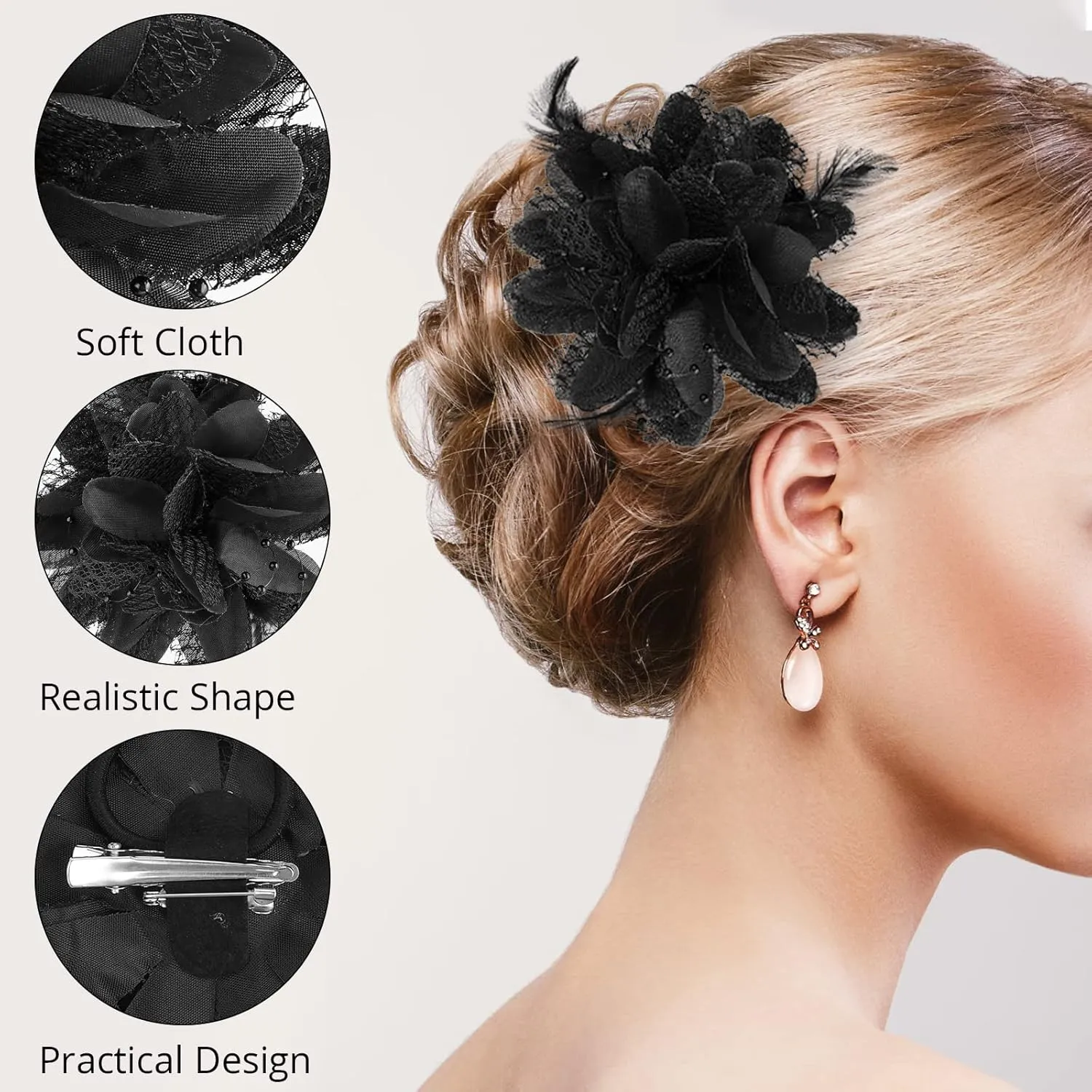Black Ladies Feather Flower Hair Clip Elegant Hat Flower Mesh Ribbons Brooch Pin Hair Accessory Fascinator Headwear Floral Corsage for Women and Girls Valentine's Day Birthday Wedding Party