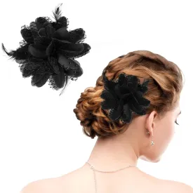 Black Ladies Feather Flower Hair Clip Elegant Hat Flower Mesh Ribbons Brooch Pin Hair Accessory Fascinator Headwear Floral Corsage for Women and Girls Valentine's Day Birthday Wedding Party