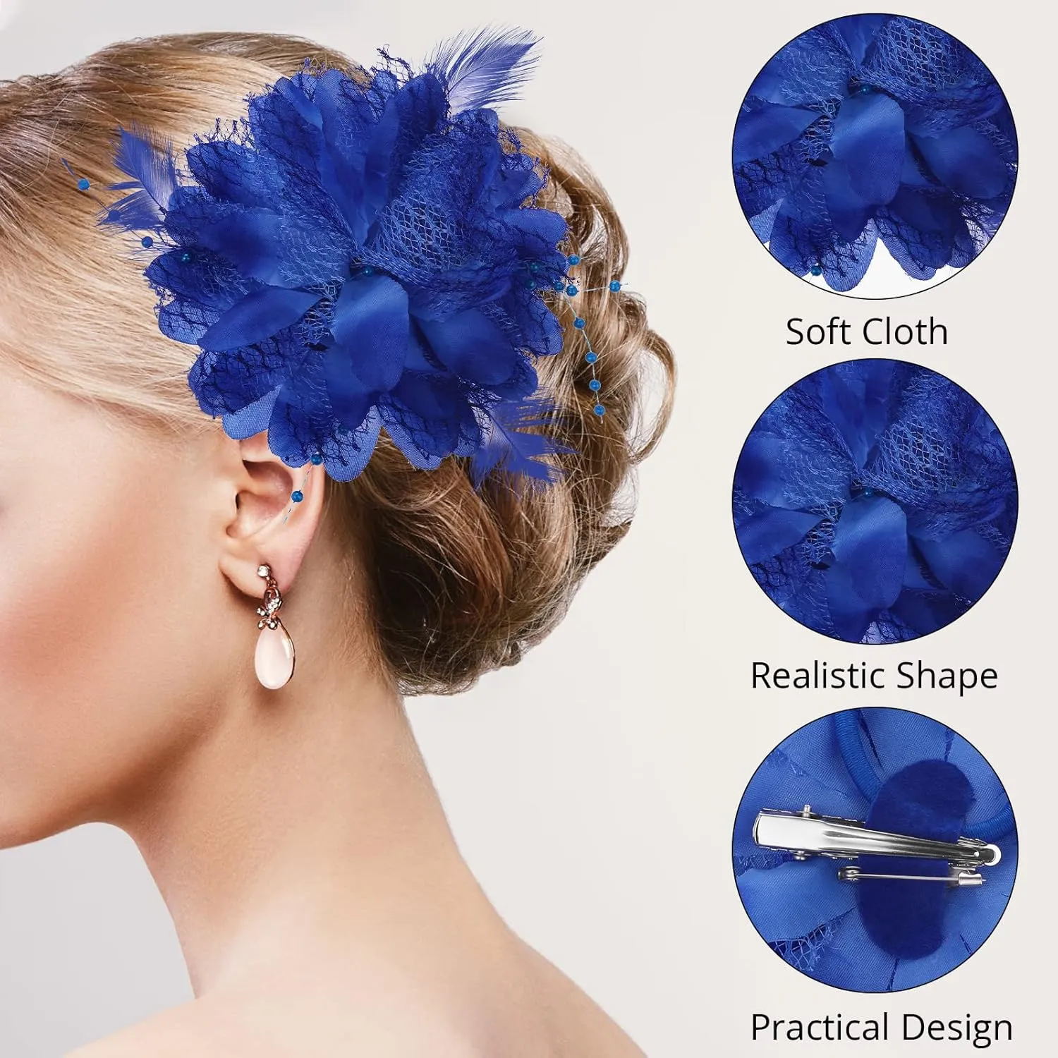Blue Ladies Feather Flower Hair Clip Elegant Hat Flower Mesh Ribbons Brooch Pin Hair Accessory Fascinator Headwear Floral Corsage for Women and Girls Valentine's Day Birthday Wedding Party