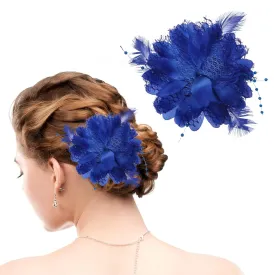 Blue Ladies Feather Flower Hair Clip Elegant Hat Flower Mesh Ribbons Brooch Pin Hair Accessory Fascinator Headwear Floral Corsage for Women and Girls Valentine's Day Birthday Wedding Party