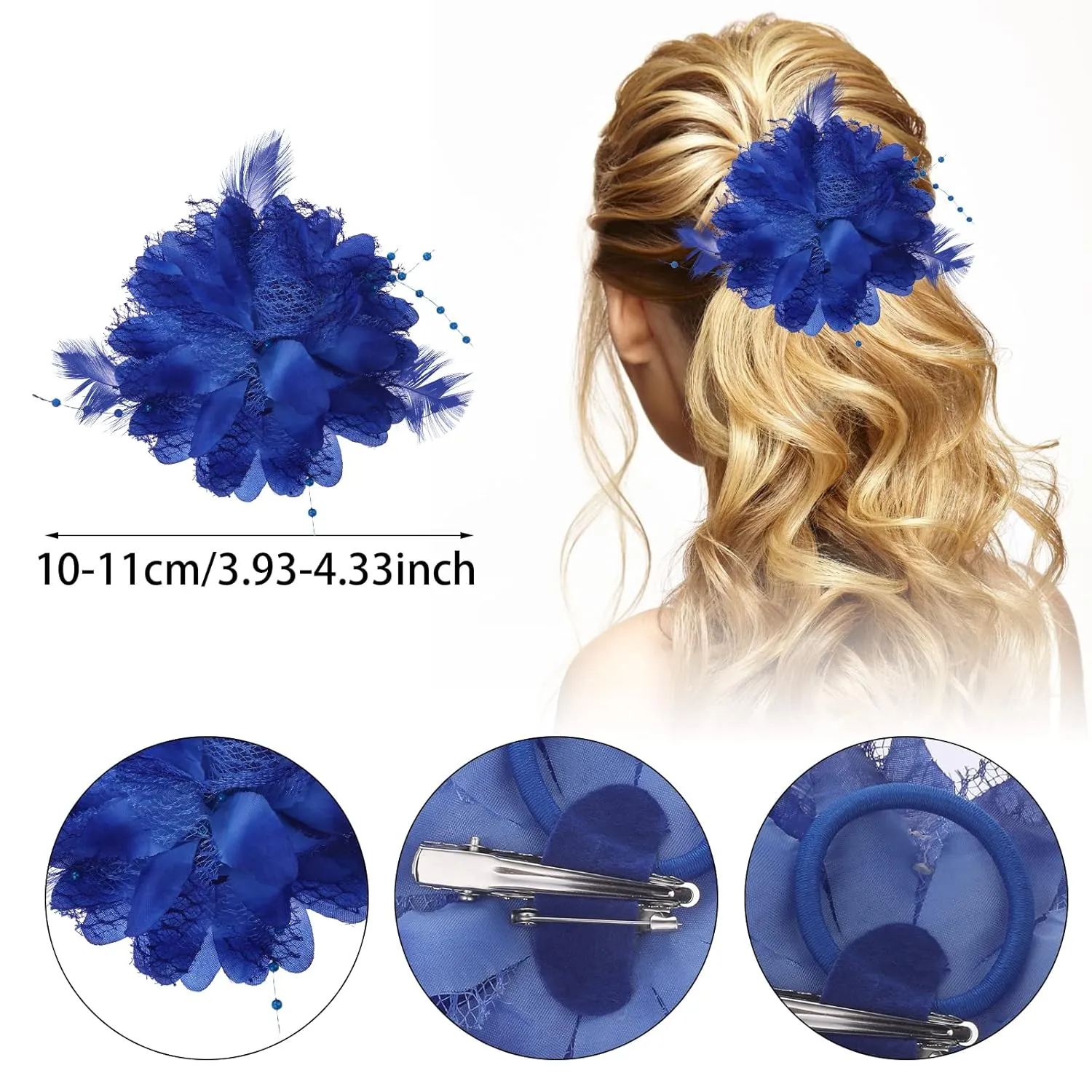 Blue Ladies Feather Flower Hair Clip Elegant Hat Flower Mesh Ribbons Brooch Pin Hair Accessory Fascinator Headwear Floral Corsage for Women and Girls Valentine's Day Birthday Wedding Party