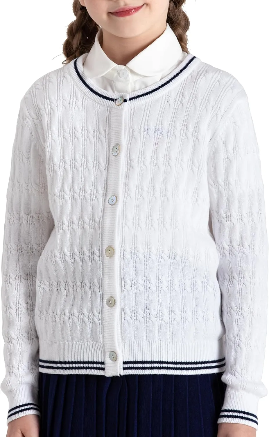 BOBOYOYO Girls Cardigan Kids School Uniform Sweater 100% Cotton Knit Girls Sweaters Button Crewneck Toddler Cardigans
