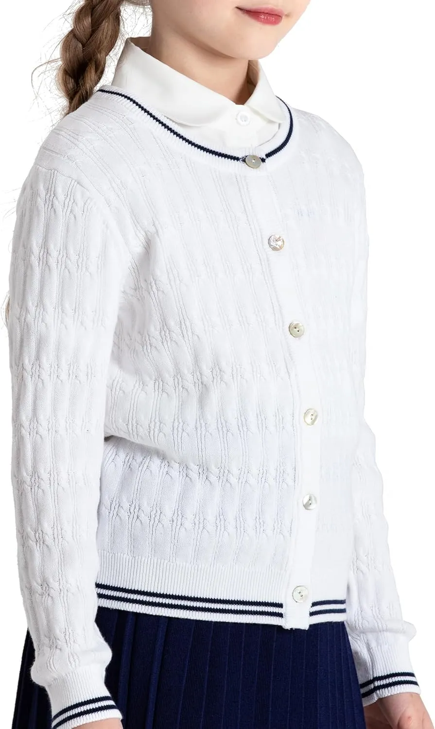 BOBOYOYO Girls Cardigan Kids School Uniform Sweater 100% Cotton Knit Girls Sweaters Button Crewneck Toddler Cardigans