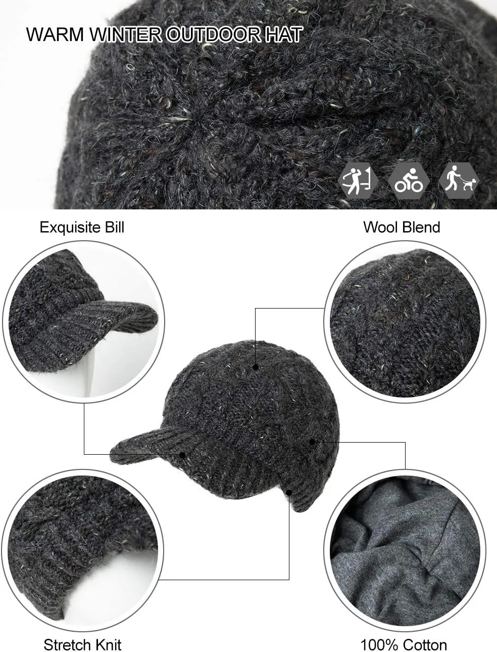 Comhats Womens Winter Wool Newsboy Hats Knitted Billed Crochet Beanies with Brim Skull Visors Ski Casual