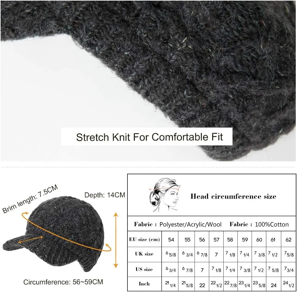Comhats Womens Winter Wool Newsboy Hats Knitted Billed Crochet Beanies with Brim Skull Visors Ski Casual