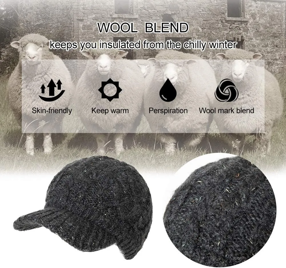 Comhats Womens Winter Wool Newsboy Hats Knitted Billed Crochet Beanies with Brim Skull Visors Ski Casual