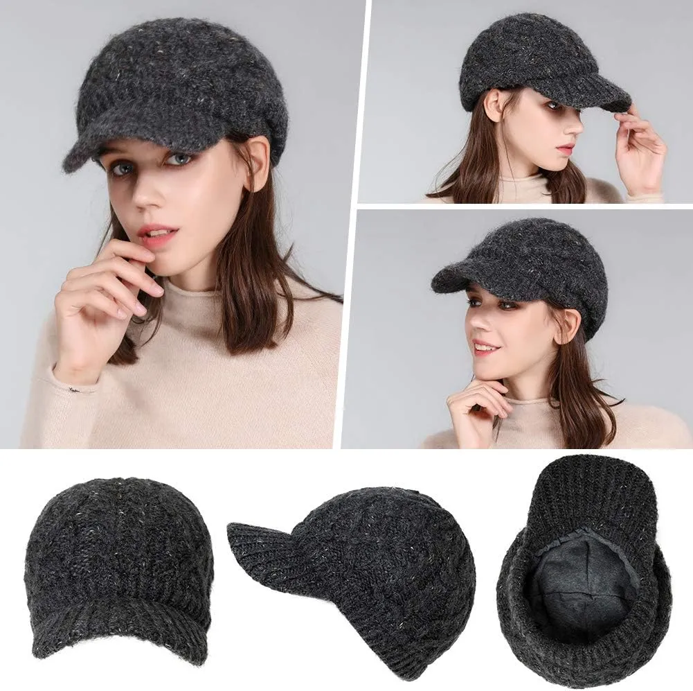 Comhats Womens Winter Wool Newsboy Hats Knitted Billed Crochet Beanies with Brim Skull Visors Ski Casual