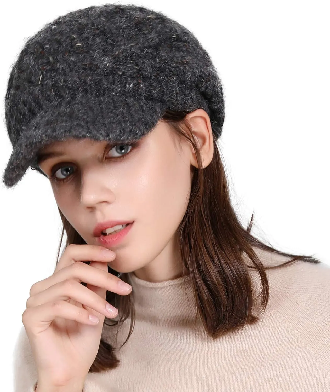 Comhats Womens Winter Wool Newsboy Hats Knitted Billed Crochet Beanies with Brim Skull Visors Ski Casual