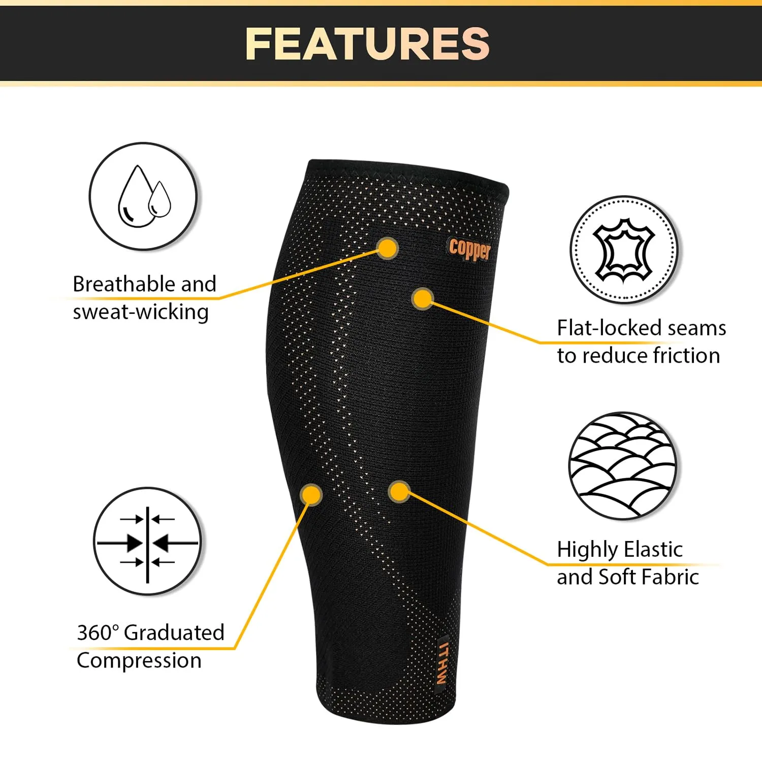 Copper Calf Compression Sleeves for Men and Women, Leg Compression Sleeve for Shin Splint Relief, Calf Sleeves for Men Running, Fitness (1 Pair)