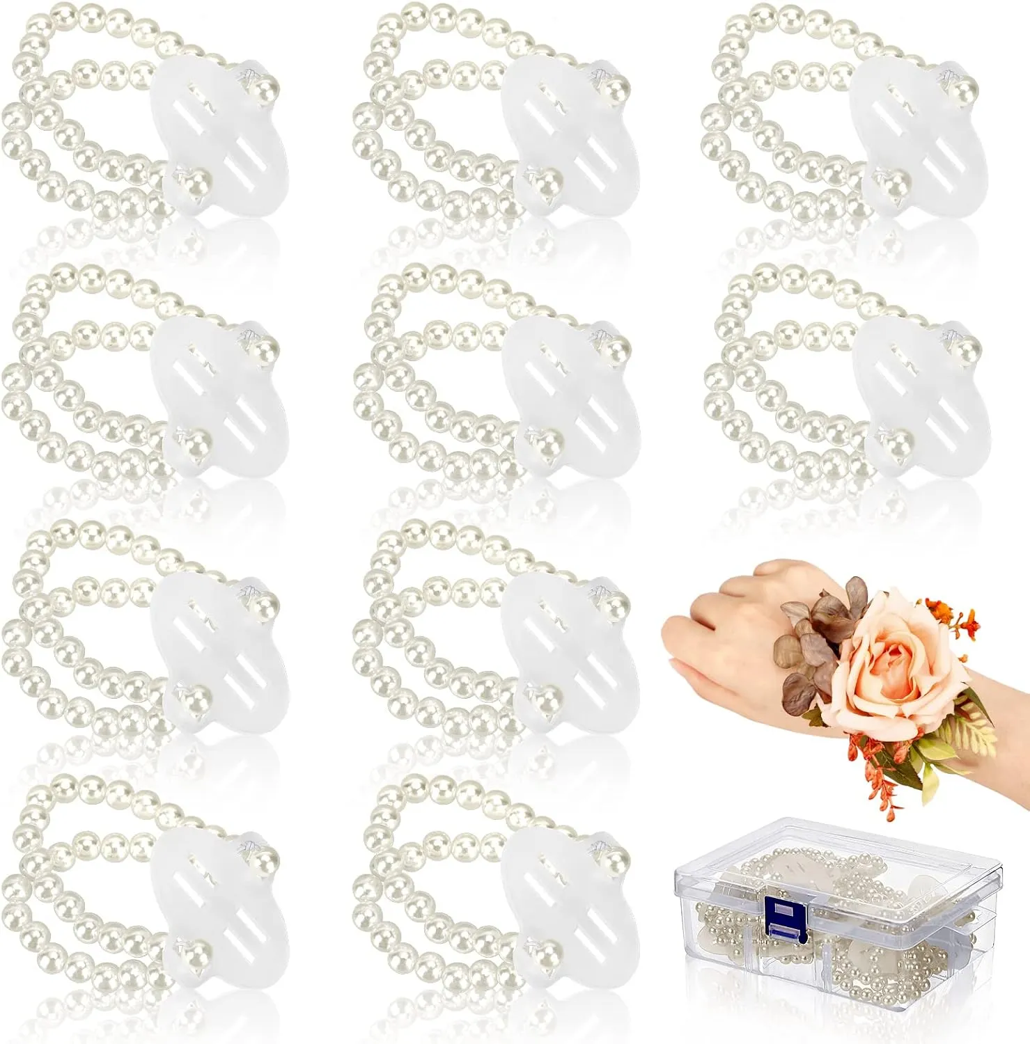 Corsage Wristlet Band 16 Pcs Elastic Pearl Bracelet Wrist Corsage Bracelets DIY Flower Bracelet with Storage Box for Bride Prom Accessories Wedding Party Decorations