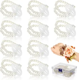 Corsage Wristlet Band 16 Pcs Elastic Pearl Bracelet Wrist Corsage Bracelets DIY Flower Bracelet with Storage Box for Bride Prom Accessories Wedding Party Decorations