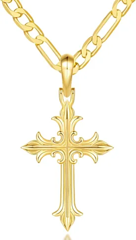 Cross Necklace 14K Gold Cross Necklaces for Men Gold Necklace Figaro Chain Pendant Necklaces 18/20/22/24/26in