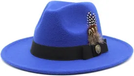 DHAEY Gentleman Classical British Jazz Feather Hat Decorated Face Woolen Hat, Autumn and Winter Woolen Felt Hat Luopan Caps & Hats (Color : Sapphire Blue, Size : 56-58cm)