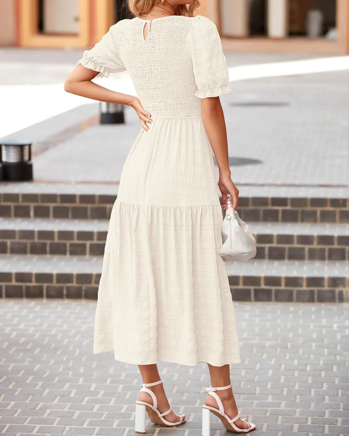 dowerme Womens Summer Dresses 2025 Casual Puff Short Sleeve Crewneck Smocked Flowy Ruffle Boho Beach Party Maxi Sundress