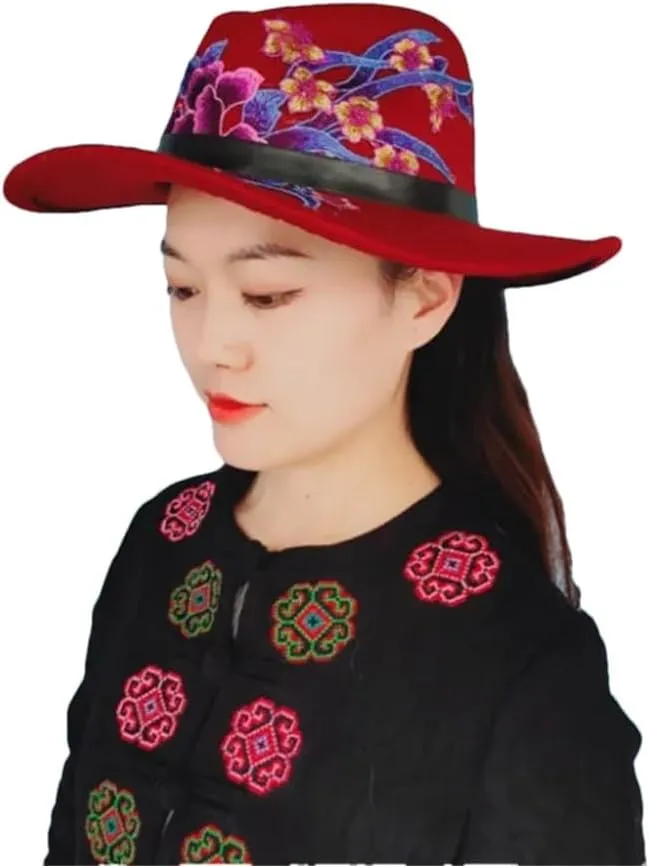 Fedora Hat EmbroideAutumn Wool Hat Embroidery Hat Ethnic Big Jazz Hat for Men and Women