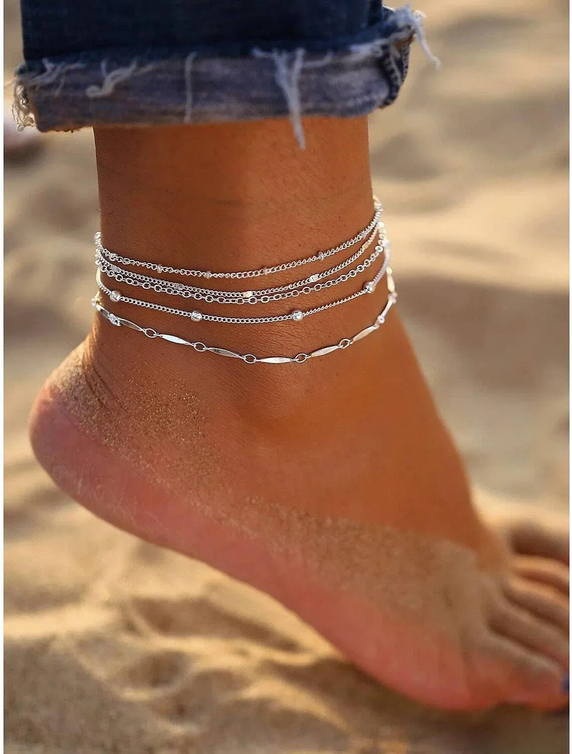 Foxgirl Gold Ankle Bracelets for Women 14K Gold Plated/Silver Anklets for Women Waterproof Minimalist Cuban Link Anklets Set Dainty Layered Ankle Bracelets Anklets for Women Gold Anklet Jewelry Gifts