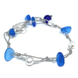 Freshwater Pearl and Dark Blue Sea Glass Wrap Bracelet or Anklet, Beachy Boho Jewelry for Women, Handmade in the Caribbean