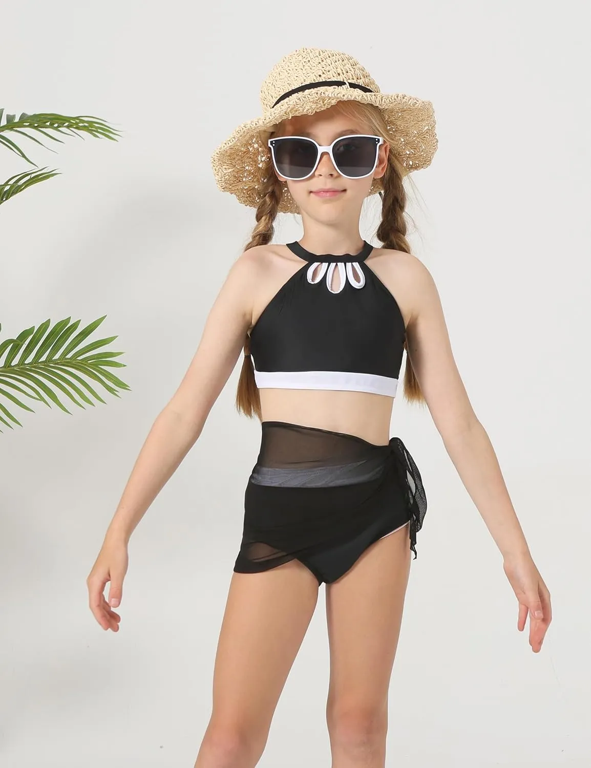 Girls' 3 Piece Swimsuit Bikini Set with Cover Up Skirt Boho Floral Bathing Suit for Beach Pool 7-16 Years
