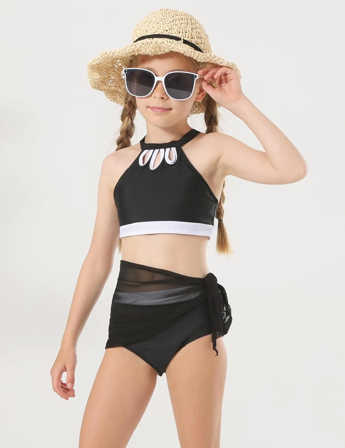 Girls' 3 Piece Swimsuit Bikini Set with Cover Up Skirt Boho Floral Bathing Suit for Beach Pool 7-16 Years