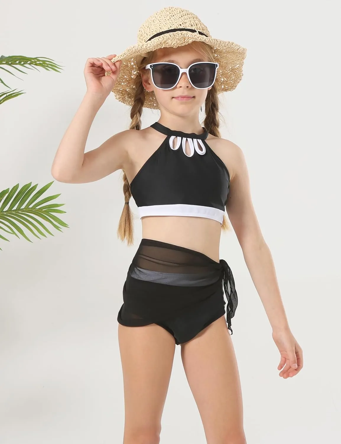 Girls' 3 Piece Swimsuit Bikini Set with Cover Up Skirt Boho Floral Bathing Suit for Beach Pool 7-16 Years