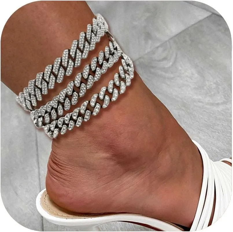 Gold Silver Ankle Bracelets for Women Cuban Link Anklets Plus Size Ankle Bracelet Layered Link Anklet Set Rhinestone Bling Anklets Gold Silver Jewelry for Women Gift Set