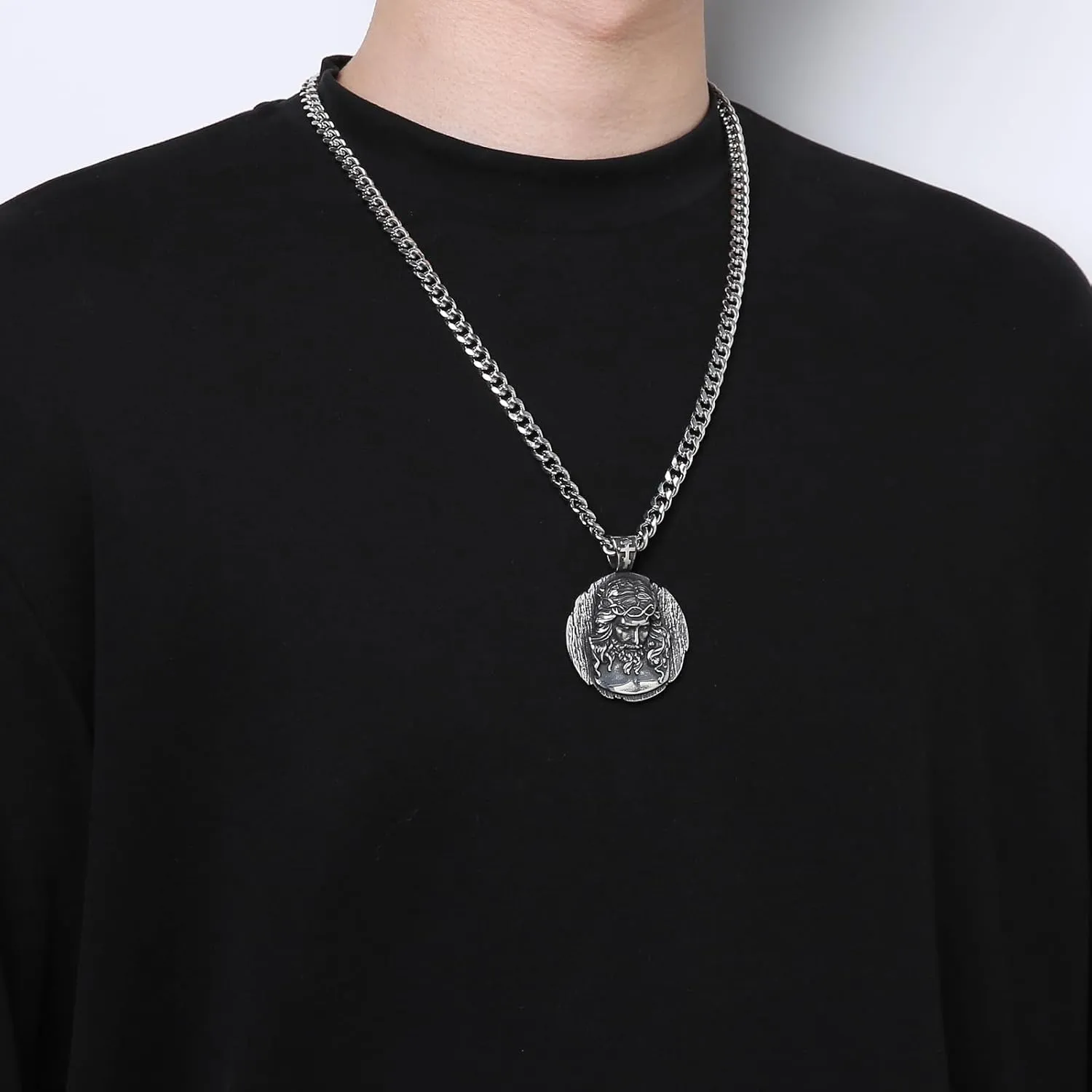 HZMAN Jesus Pendant Necklace for Men Retro Stainless Steel Medal Pendant Necklace Amulet Jewelry Gift