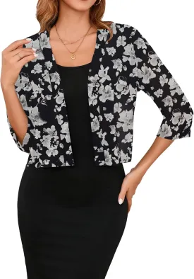 Iandroiy Women's 3/4 Sleeve Shrugs Lightweight Open Front Cropped Cardigan for Women