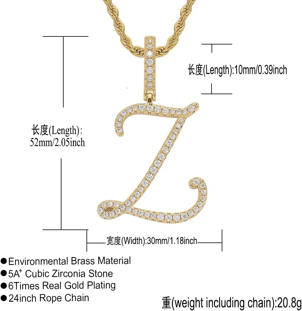 Initial Letter Necklace Gold Plated Women/Men Iced Out Initial Letter Pendant Necklace with 24" Rope Chain
