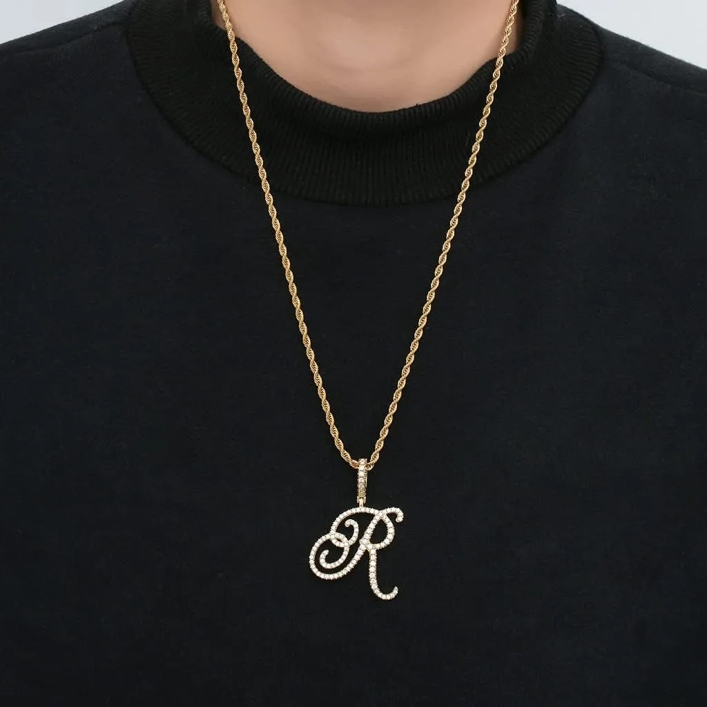 Initial Letter Necklace Gold Plated Women/Men Iced Out Initial Letter Pendant Necklace with 24" Rope Chain