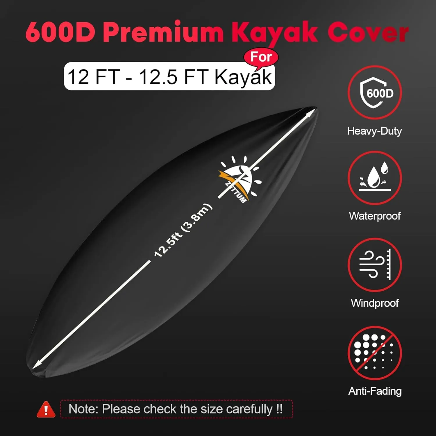 Kayak Cover 12.5 FT - 600D Kayak Canoe Cover for Outdoor Storage Heavy Duty & Waterproof, Fade-Resistant Kayak Accessory for Canoe, Paddle Board, SUP, and Kayak Boat (Fit 12ft - 12.5ft Kayak)