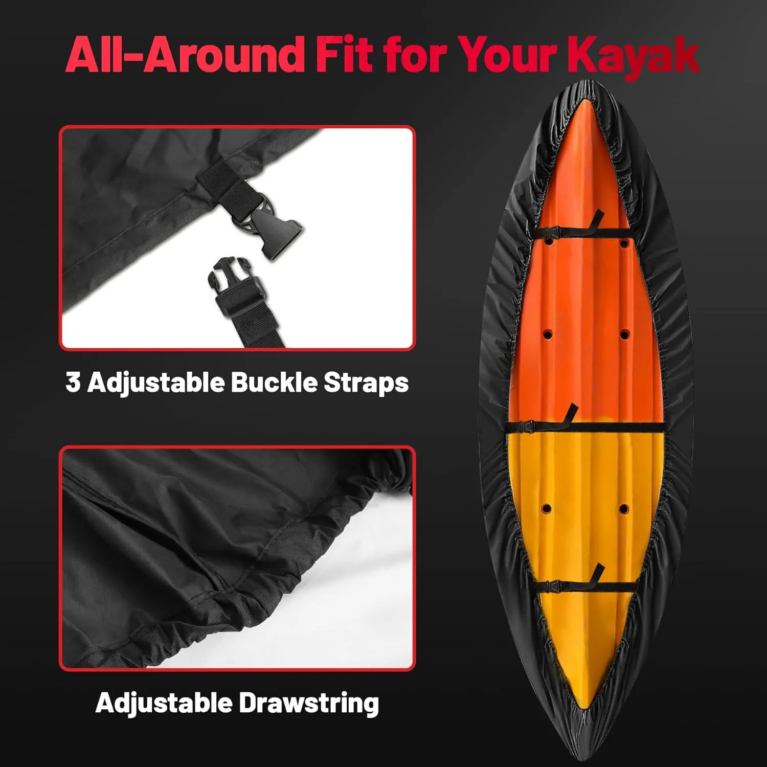 Kayak Cover 12.5 FT - 600D Kayak Canoe Cover for Outdoor Storage Heavy Duty & Waterproof, Fade-Resistant Kayak Accessory for Canoe, Paddle Board, SUP, and Kayak Boat (Fit 12ft - 12.5ft Kayak)