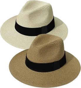 KXF 2 Packs Summer Beach Straw Sunhat Foldable Wide Brim UPF 50  Gardening Sun Hat Cap for Women Men