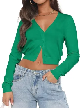 LEEDYA Women's Long Sleeve Cardigans Open Front Knit Cropped Sweaters Fall V Neck Button Down Jacket Tops