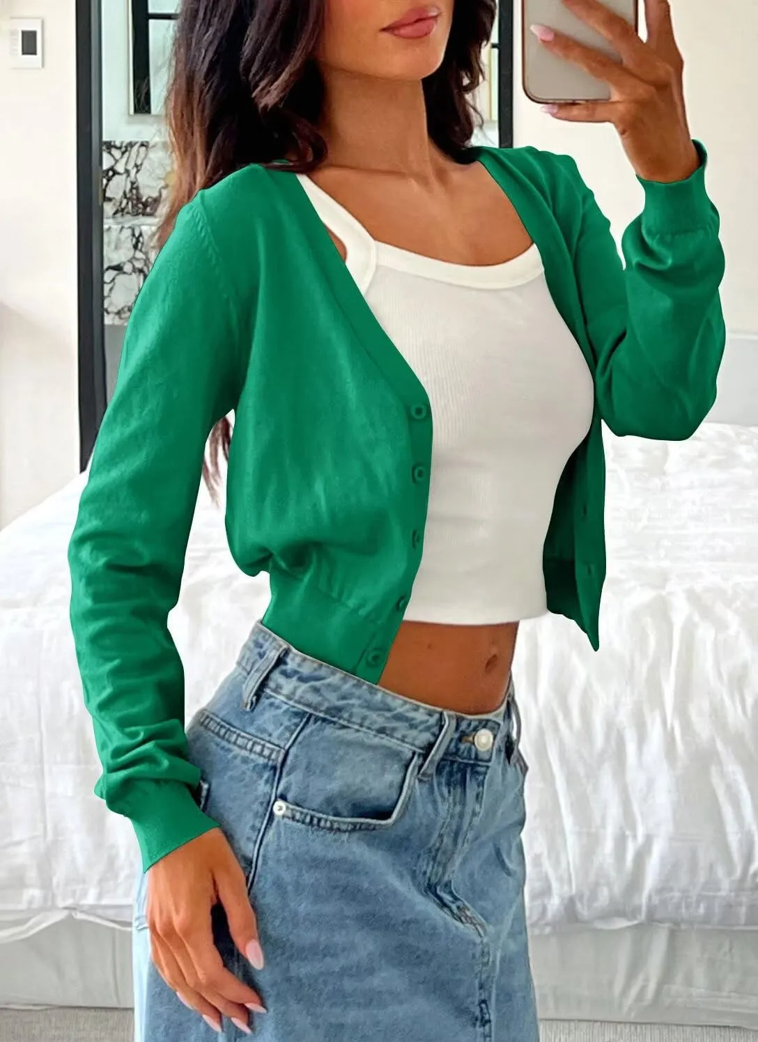 LEEDYA Women's Long Sleeve Cardigans Open Front Knit Cropped Sweaters Fall V Neck Button Down Jacket Tops