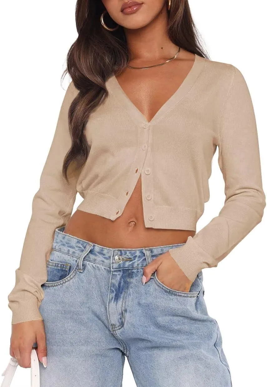 LEEDYA Women's Long Sleeve Cardigans Open Front Knit Cropped Sweaters Fall V Neck Button Down Jacket Tops