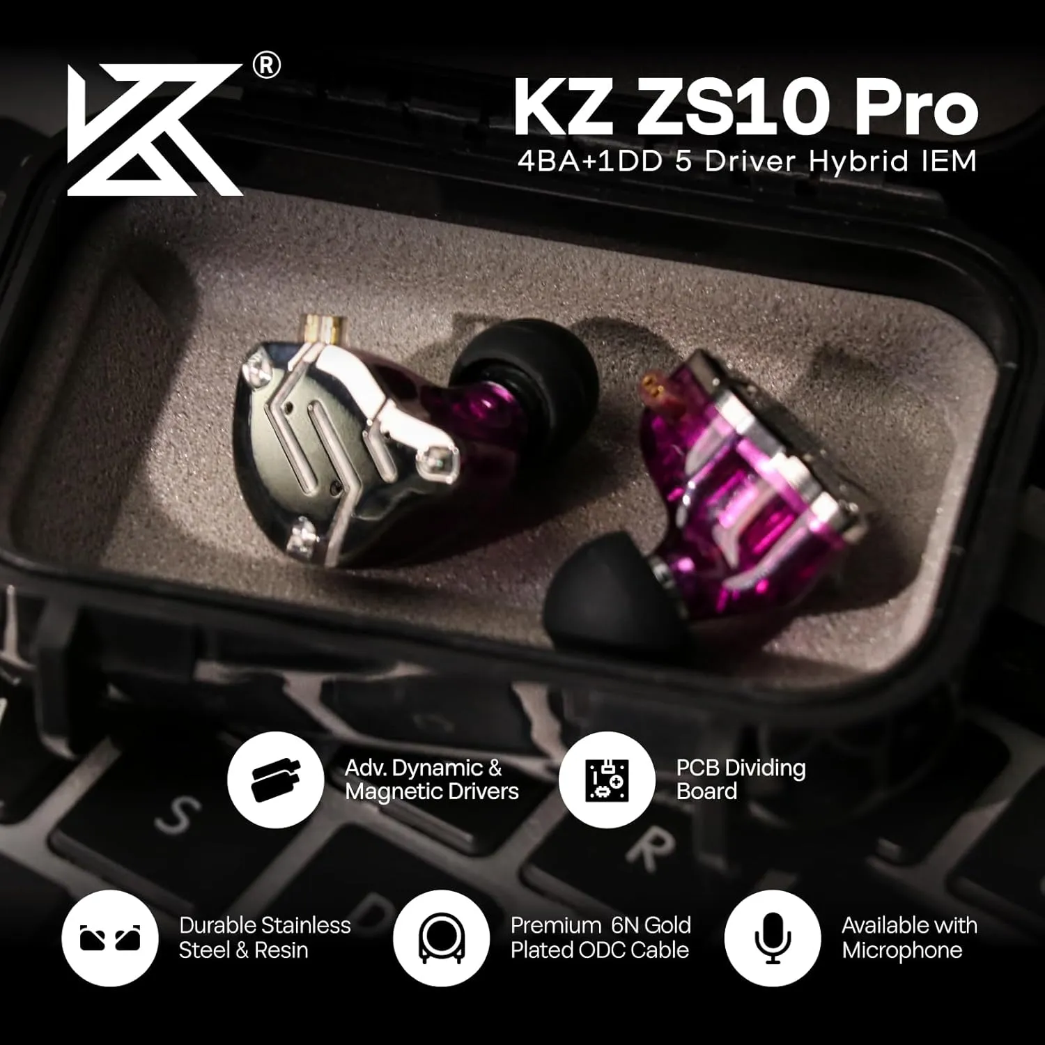 Linsoul KZ ZS10 Pro, 4BA 1DD 5 Driver in Ear Monitor, HiFi Wired Earbuds, Gaming Earbuds, Hybrid IEM Earphones with Stainless Steel Faceplate, Detachable Cable for Musician (Without Mic, Purple)