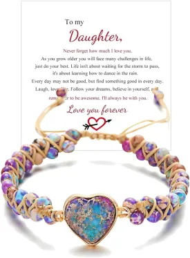 LIU JUN For Daughter - Love You Forever Jasper Heart Bracelet, You Are Always In Mine Heart From Mom Double Layer Natural Stone Beaded Wrap Adjustable inspirational Gift Jewelry