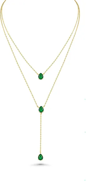 Long 18K Gold Plated Blue Green Red Layered Pendant Necklace For Women (Emerald, Ruby, Seafoam, Sky, Sapphire), Dainty Birthstone Necklace, Statement Necklace Jewelry Gifts.