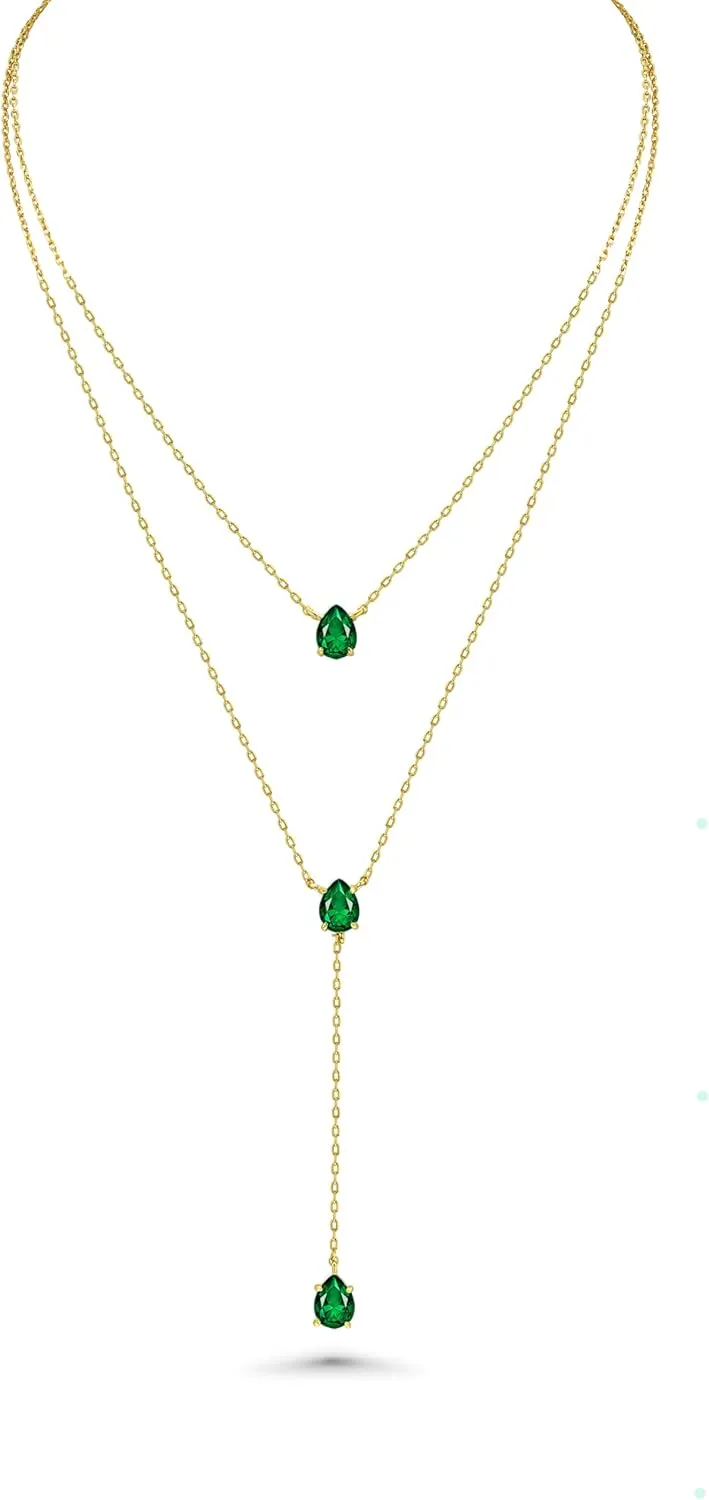 Long 18K Gold Plated Blue Green Red Layered Pendant Necklace For Women (Emerald, Ruby, Seafoam, Sky, Sapphire), Dainty Birthstone Necklace, Statement Necklace Jewelry Gifts.