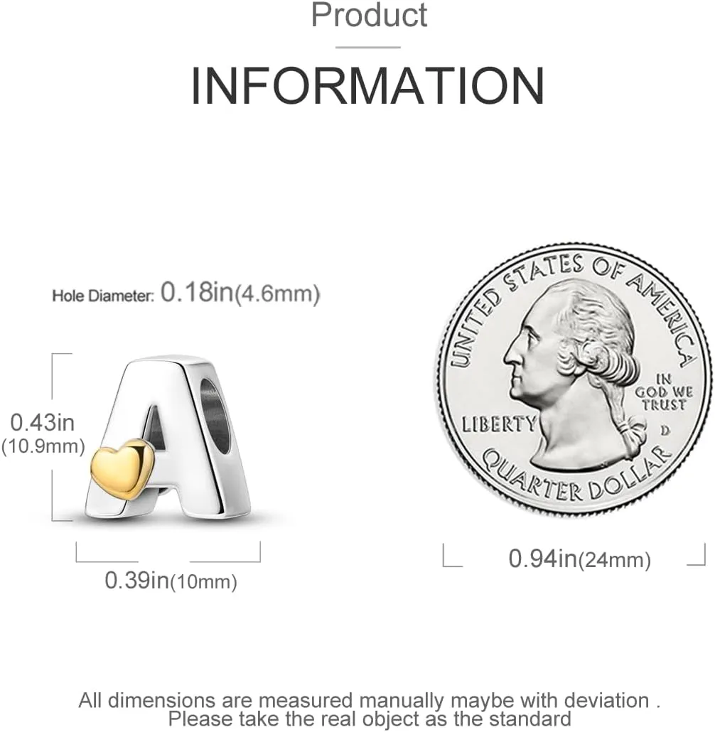 Parmuz 925 Sterling Silver Letter Charms A-Z for Bracelets Necklace Golden Heart Alphabet Initial Beads Pendant Jewelry Gift for Women