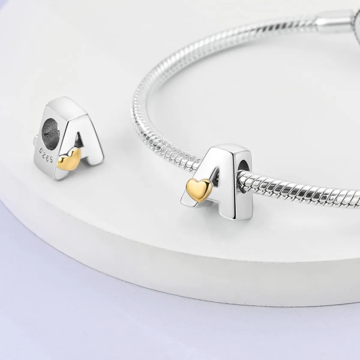 Parmuz 925 Sterling Silver Letter Charms A-Z for Bracelets Necklace Golden Heart Alphabet Initial Beads Pendant Jewelry Gift for Women