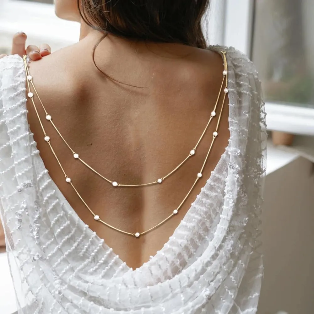Pearl Back Chain Necklace Wedding Bridal Silver Gold Layered Backdrop Body Chain for Women Backless Dress